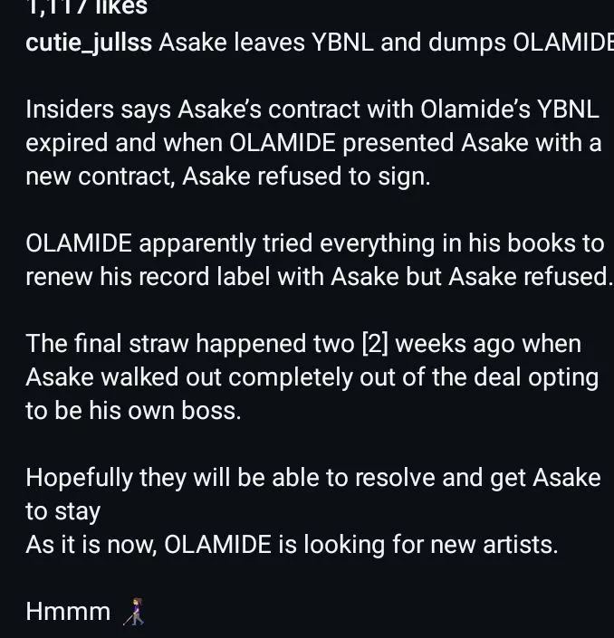 Asake reportedly departs YBNL, part ways with Olamide