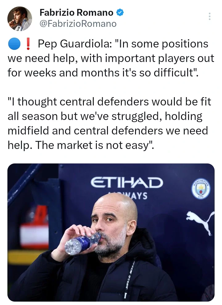 I Thought Central Defenders Would Be Fit All Season but We've Struggled-Pep Guardiola