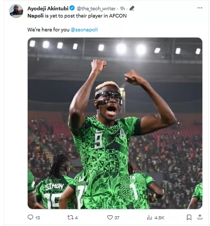 AFCON 2023: Nigerians drag Napoli for not celebrating Victor Osimhen's heroics