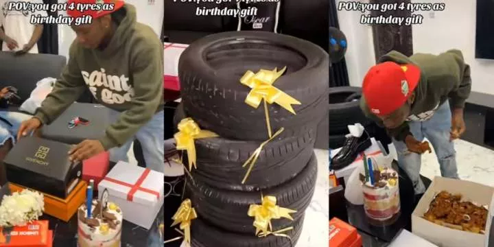 Nigerian man gets 4 new car tyres, shoes, shirt, cake, etc. from girlfriend on his birthday