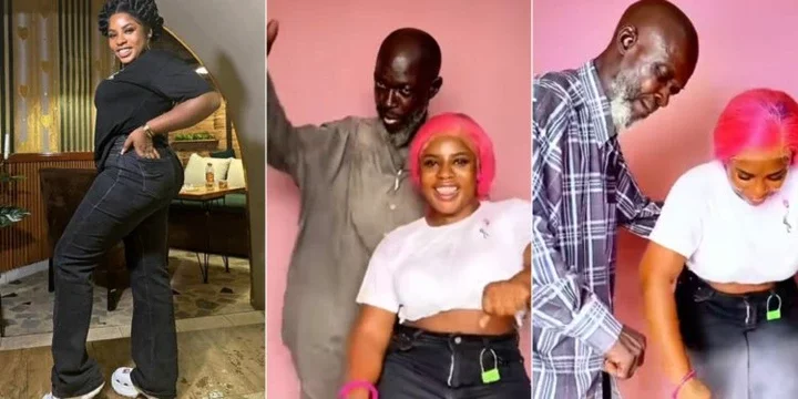 "She don go find another old man"- Reactions as Mr Ibu's Adopted Daughter Jasmine Transforms Homeless Man