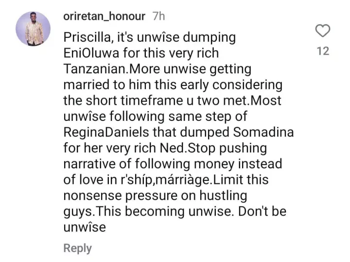 Influencer criticizes Priscilla Ojo over engagement, cites Regina Daniels