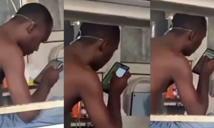 "No excuse for failure" - Funny video shows moment man was spotted playing bet while on oxygen in the hospital (Video)