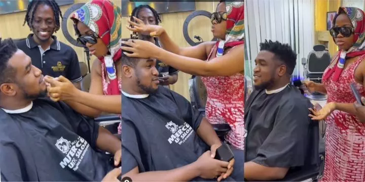 Reactions as Veekee James instructs barber on how to cut her husband's hair