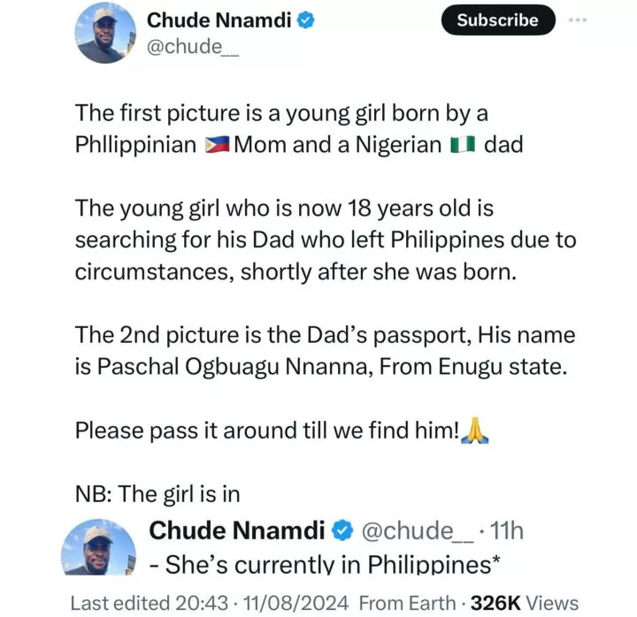 Teenager born by a Filipino mum in search of her Nigerian father