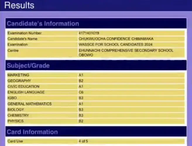 WAEC result of girl who signed out of secondary school like university student goes viral