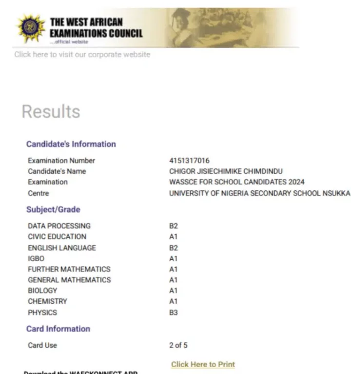 WAEC result of UNN Professor's son, who is sad about his scores, goes viral