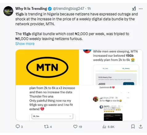 MTN increases data cost of 15GB from N2K to N6K, Nigerians kick