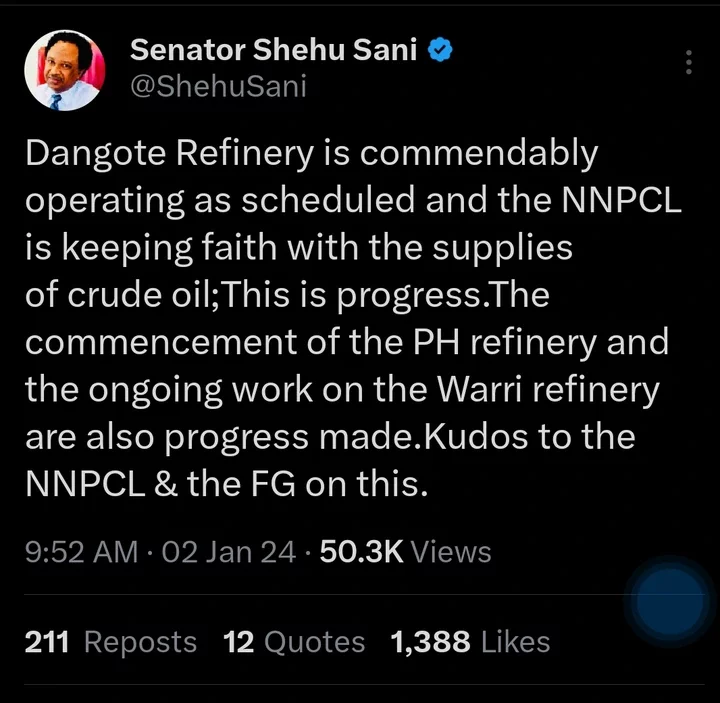 Shehu Sani Reacts as Dangote Refinery Commences Operation & FG Starts Working on Warri Refinery