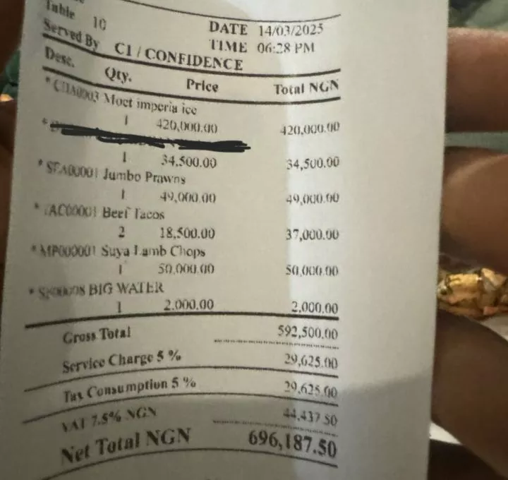 Lady shows off receipt as she spends N696K on date with friend