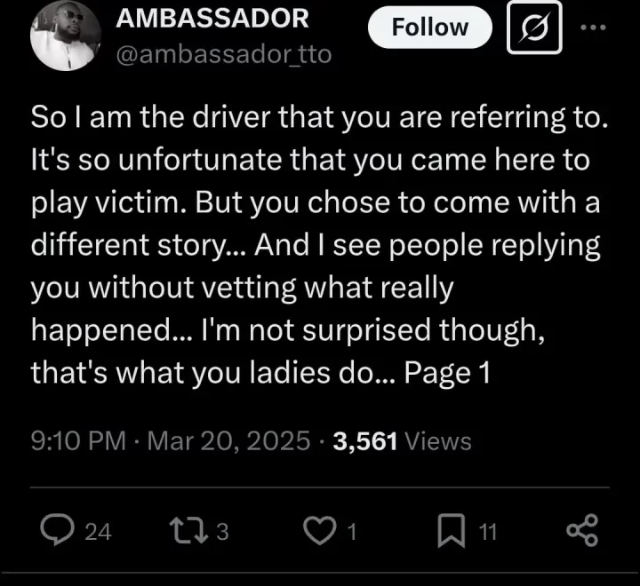 Lady accuses inDrive driver of assault over payment dispute; he responds