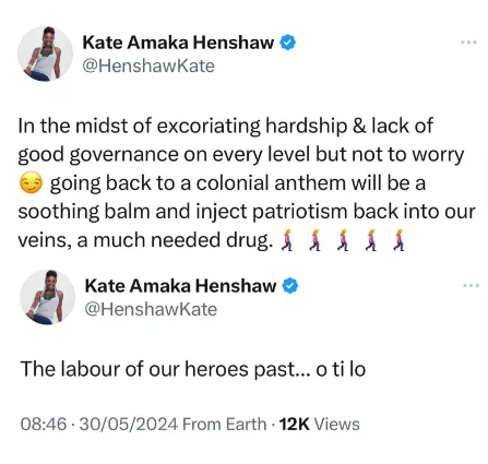 Actress Kate Henshaw reacts to the return to the old National anthem