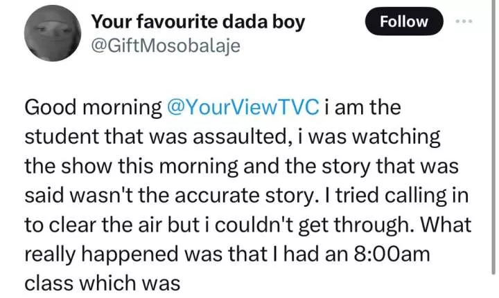 Update: Student assaulted by his lecturer in OAU shares his own side of the story