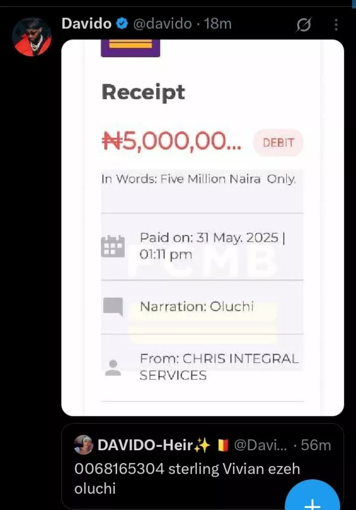 Davido gifts X user N5M