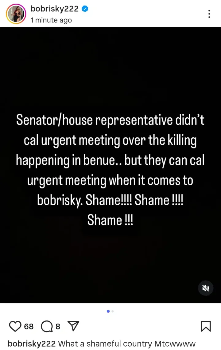 'They didn't call urgent meeting over crisis in Benue but they can call urgent meeting when it comes to Bobrisky' - Bobrisky ridicules Nigerian politicians