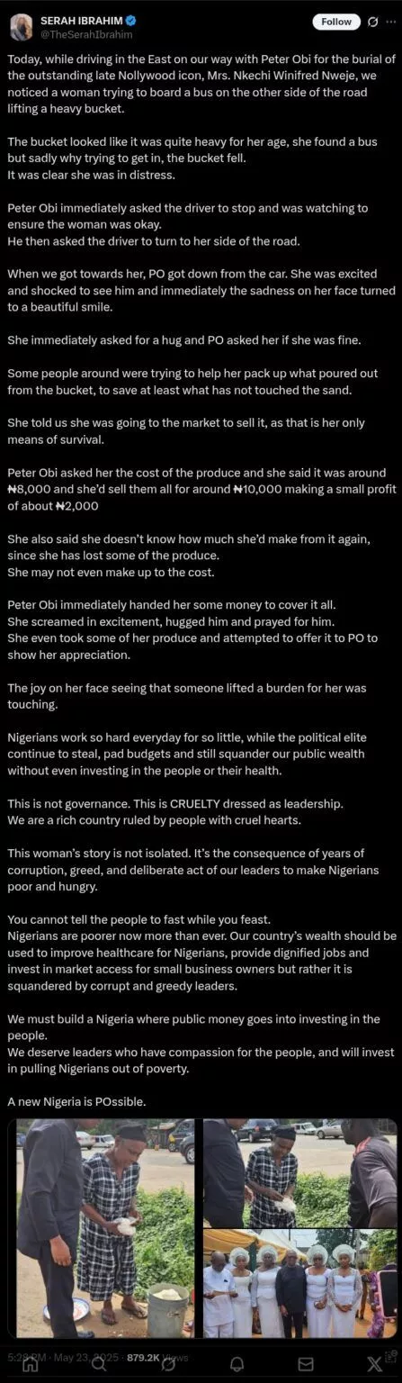 Peter Obi helps elderly woman whose goods fell while boarding bus, pays for her damaged goods