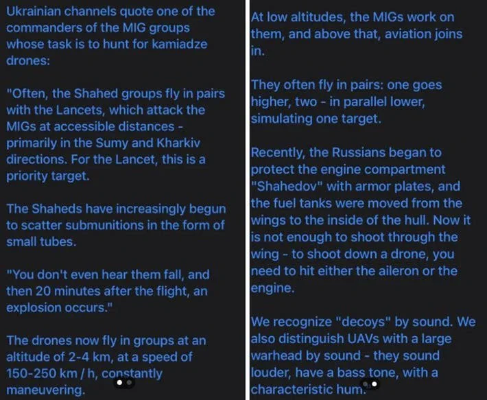 Social media post discussing new Shahed tacitcs and technologies