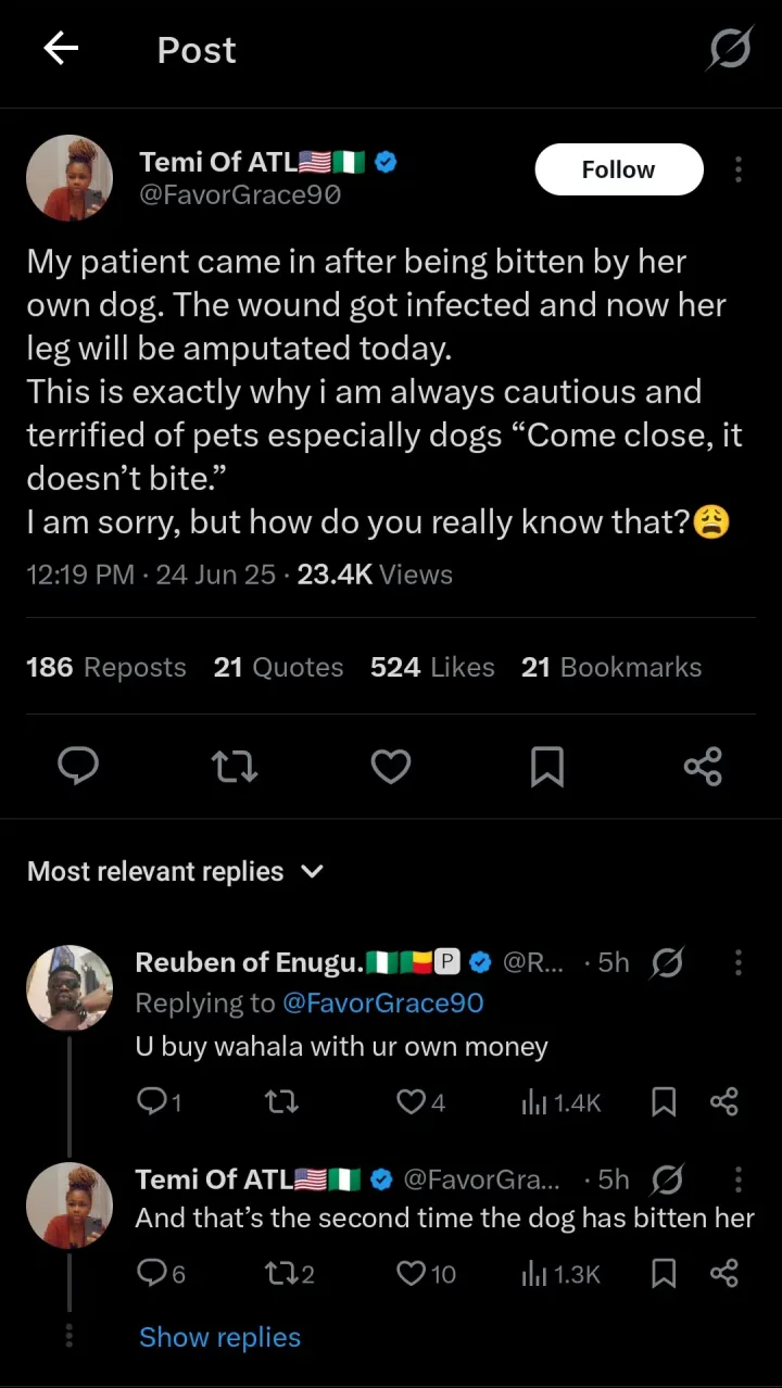 U.S. based Nigerian doctor shares experience of patient losing leg to infected dog bite