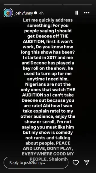 Josh2Funny reacts following calls to drop Deeone from his show