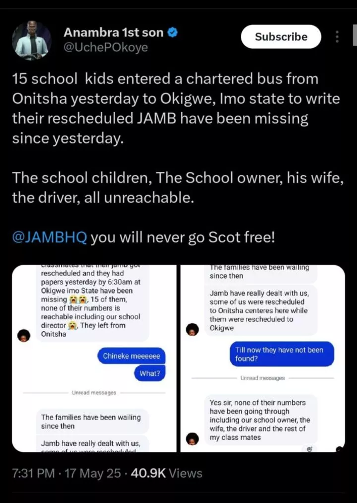 15 students, school director unreachable 24 hours after leaving Onitsha for JAMB exam in Imo