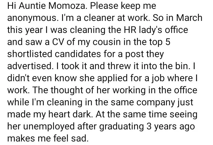 Cleaner confesses to trashing cousin's CV to prevent her from working in same company