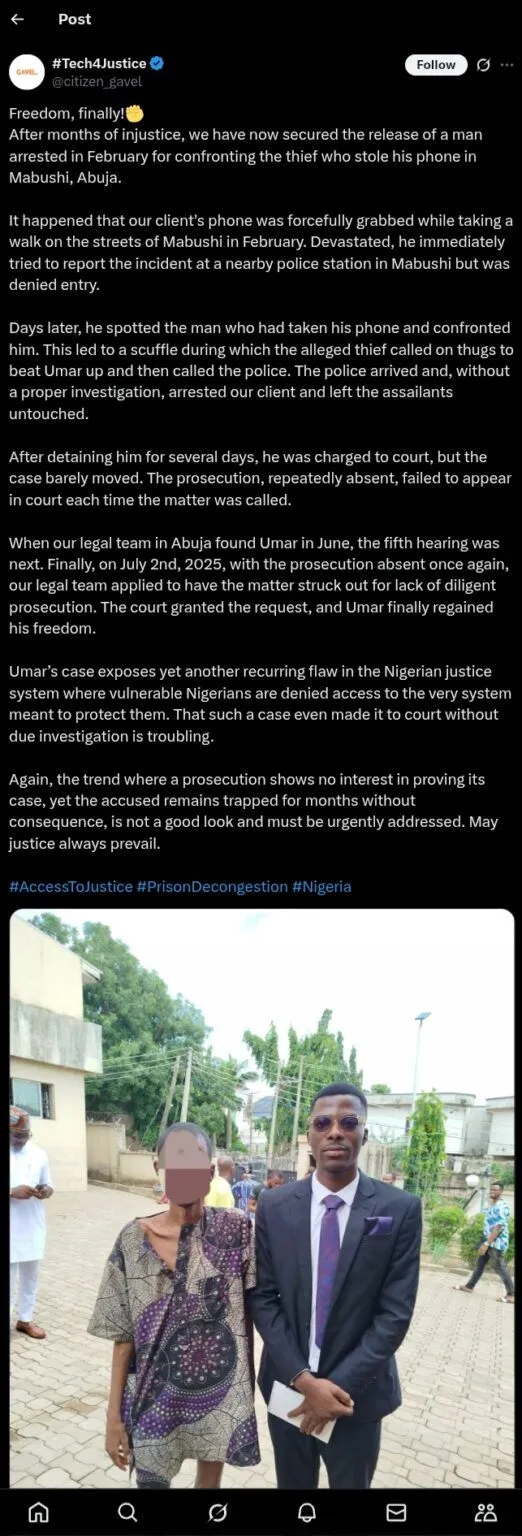 Abuja man freed after 5 months in jail for confronting thief who stole his phone