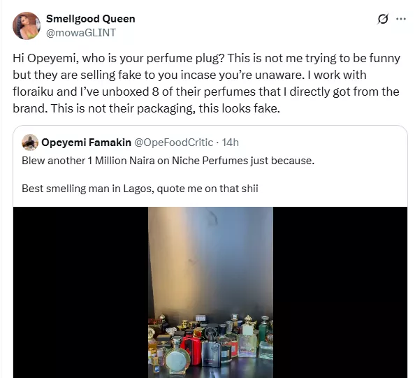 Lady accuses Opeyemi Famakin of flaunting fake niche perfumes after N1M shopping spree
