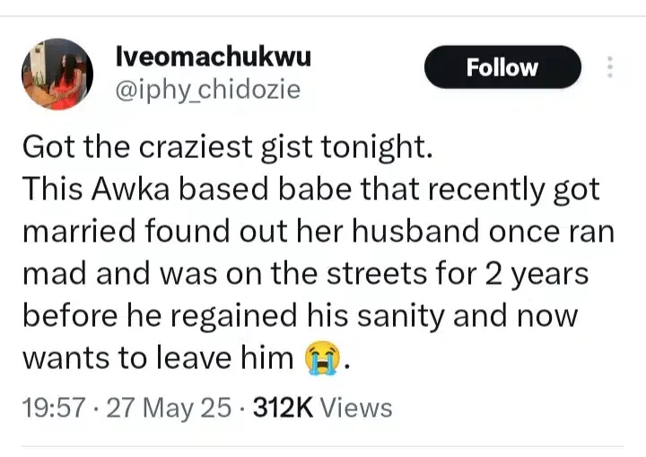 Lady seeks divorce from husband after finding out he was once mentally unstable