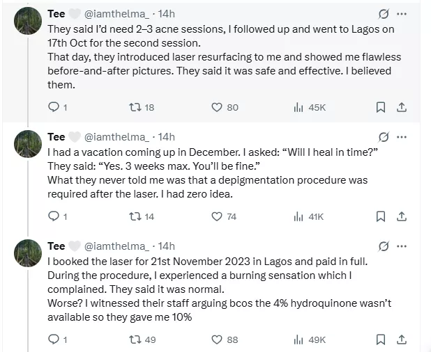 Lady accuses aesthetic clinic of permanent scar following skincare treatment