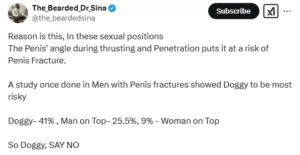 Nigerian medical doctor advises men to avoid certain sex positions