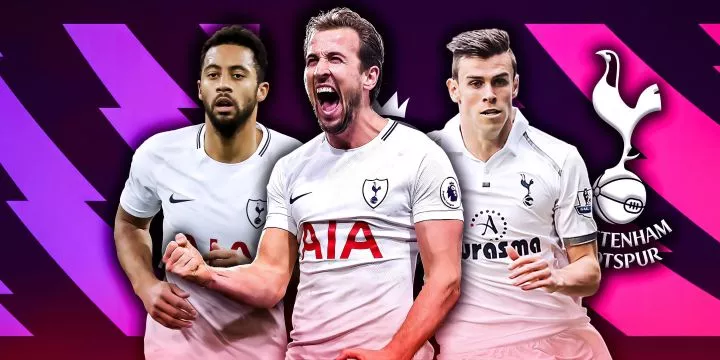 Kane, Bale and Dembele in front of Spurs badge