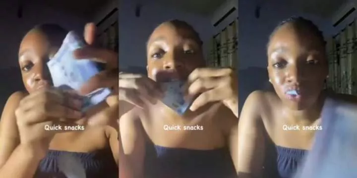 "No be Naira mutilation be this" - Video of lady eating naira notes sparks online reactions