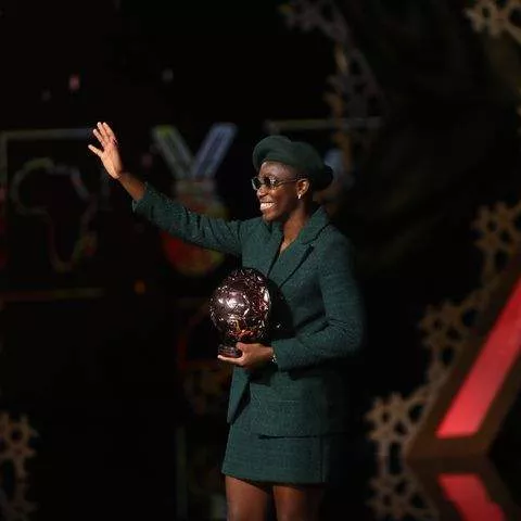 Asisat Oshoala with her historic CAF Women's player of the year award in Morocco. (Photo Credit: CAF/X)
