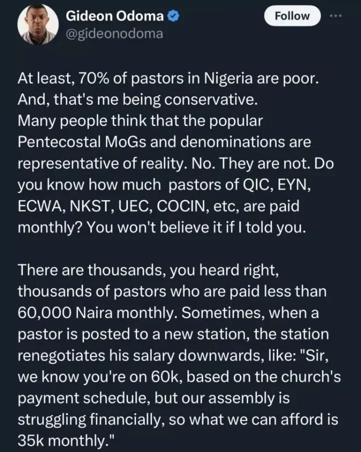 Apostle Gideon Odoma reveals that a lot of pastors in Nigeria are poor