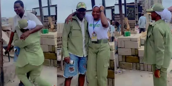 Heartwarming moment as corps member honors father with her NYSC uniform at his block-making factory