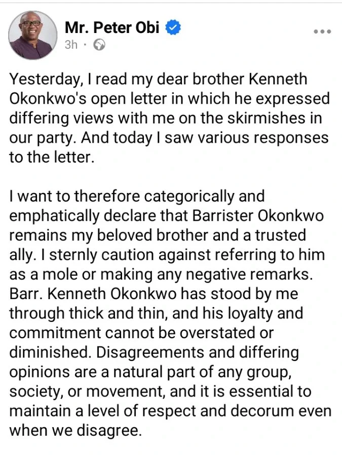 Peter Obi speaks his truth after Nollywood Actor Kenneth Okonkwo severed ties with him, dumped Labour party