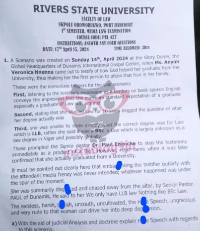 Reactions as Pastor Paul Enenche and Veronica get featured in examination question in RSU
