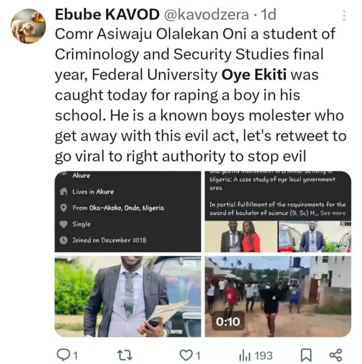 Male student arrested for allegedly raping a male colleague in Ekiti university