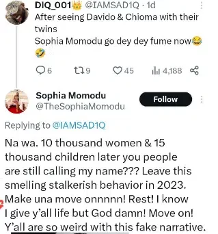 'After 10,000 women and 15,000 children later you people are still calling my name' - Sophia Momodu slams Davido's fan