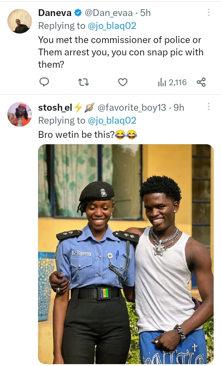 Fans react after seeing photo of a Nigerian content creator, Jo Blaq with a female officer in Ondo.