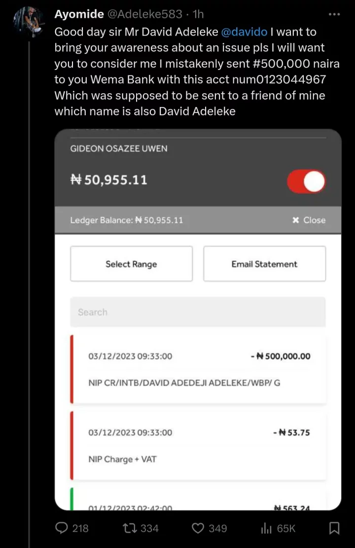 'Please consider me' - Nigerian man gets emotional as he mistakenly transfers ₦500k to Davido's Wema Bank account