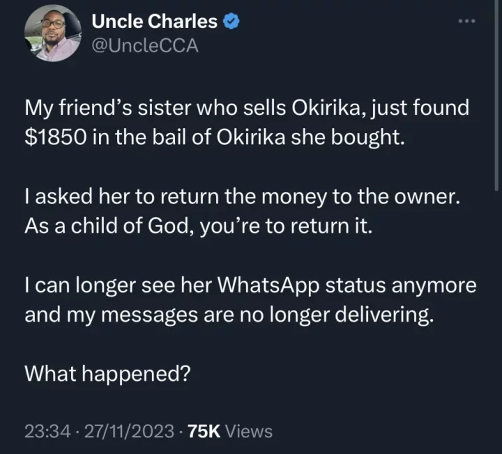 Man shares how he got blocked by vendor after he advised her to return almost 2 million she found in Okrika bale of clothes