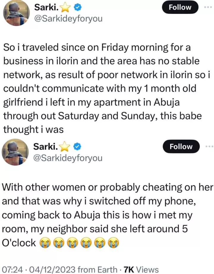 Abuja man in shock after his girlfriend of one-month destroyed his apartment because she suspected he traveled to Ilorin to cheat