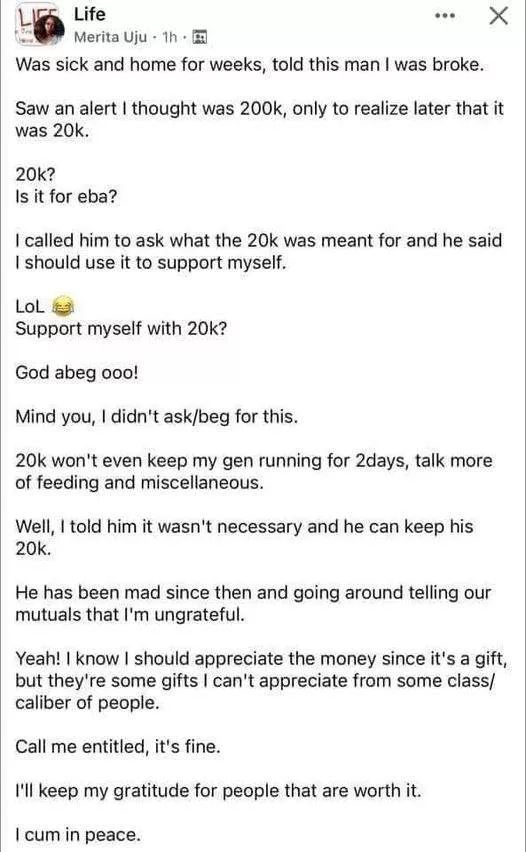 Lady ridicules man who sent her N20K, asks whether it's for 'eba'