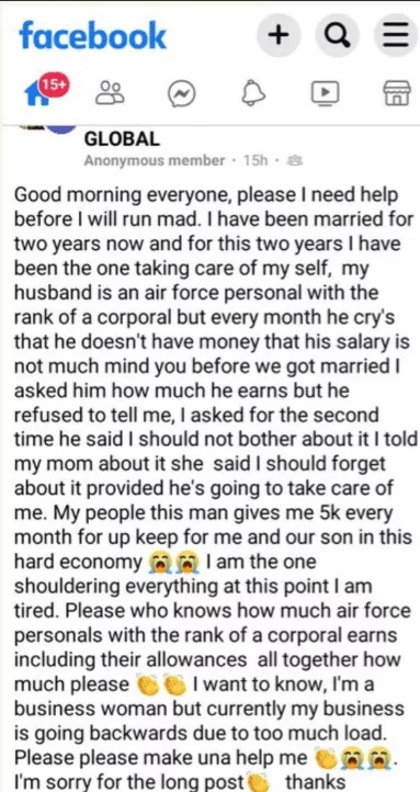 'He said his salary is small' - Woman cries out as her Air Force husband gives her N5k monthly upkeep