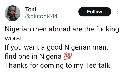 'Nigerian men abroad are the worst. If you want a good Nigerian man, find one in Nigeria - Canada based woman says