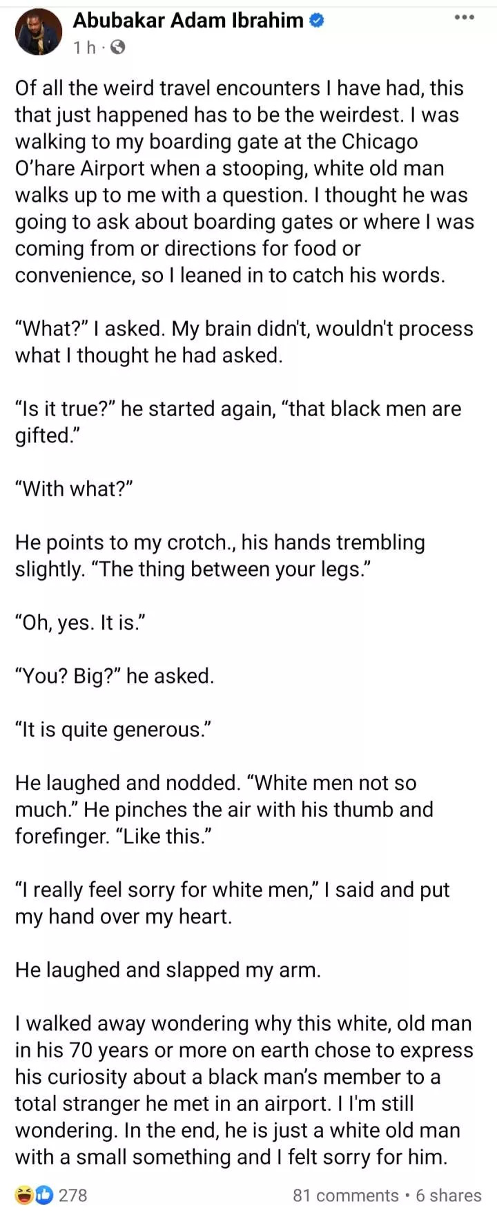 Nigerian author shares interesting conversation with white man curious about the size of black men
