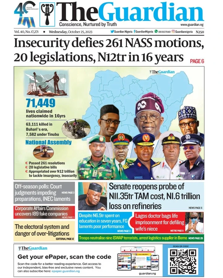 Nigerian Newspapers Daily Front Pages Review - Wednesday 25th October, 2023