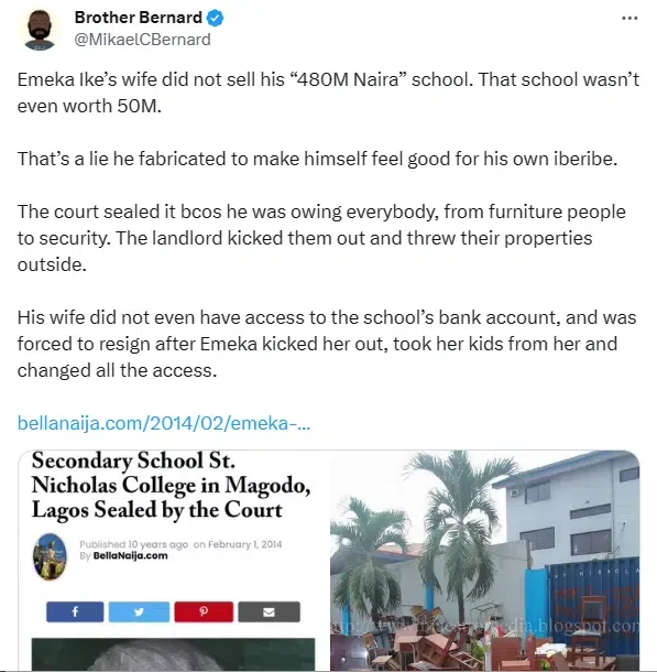 'Court sealed his school because he was owing everybody, from furniture man to security man' - Netizen makes staggering accusations against Emeka Ike