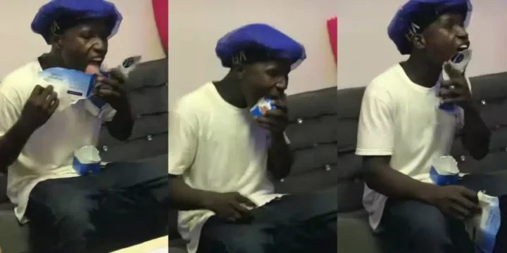 Man sparks reactions as he tears hollandia packet to lick its content